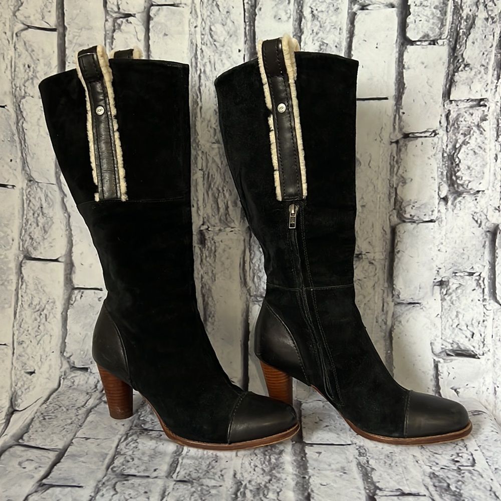 UGG Black Suede Leather-Trim Mid-Calf Heeled Boots